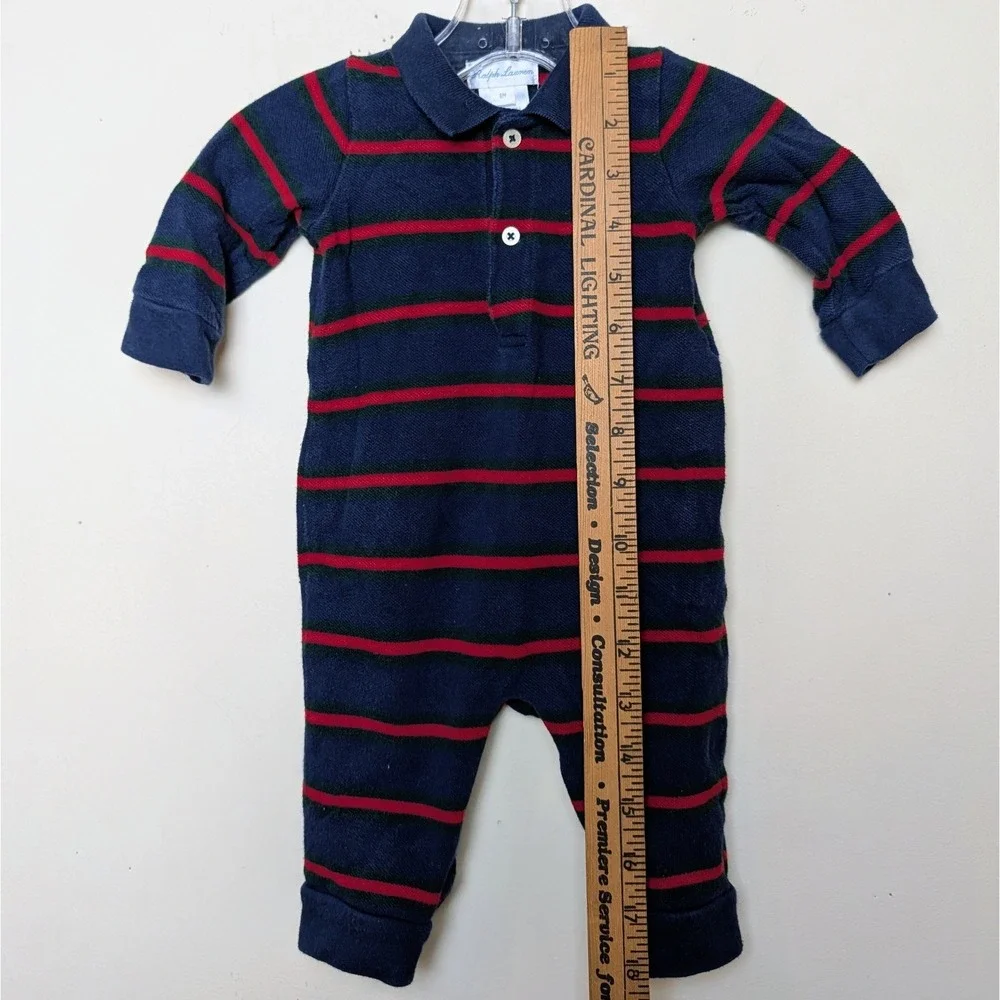 Polo Ralph Lauren Coverall Red Blue Stripe Rugby‎ One Piece Long Sleeve 6 Months